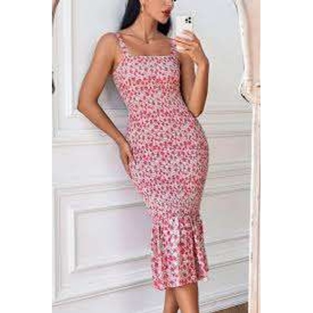 Smocked Floral Maxi Dress Red White Spaghetti Strap Midi PRETTY GARDEN small